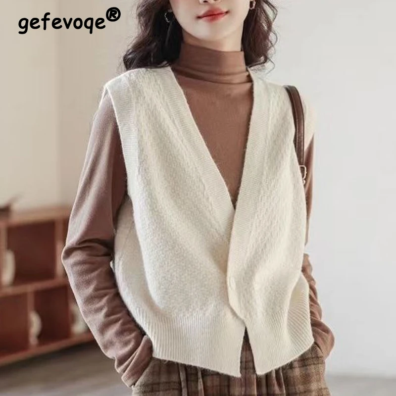 Vintage Simple Style Solid Loose Sleeveless All Match Knitted Sweater Vests Women Spring Autumn Fashion Casual Chic Street Tops