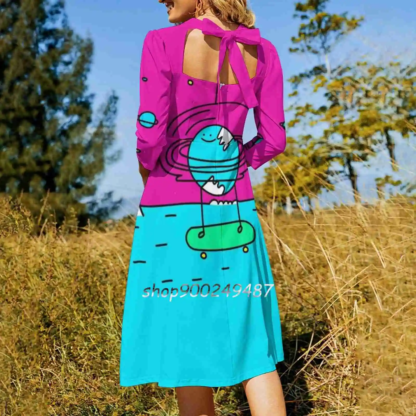 Surreal Planet-Mr Beaker Sweetheart Knot Flared Dress Fashion Design Large Size Loose Dress Cute Planet Earth Planets Star