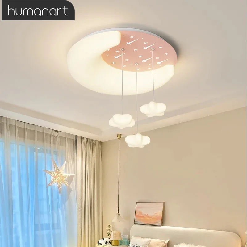 New Cream Style Minimalist Bedroom Ceiling Light Moon Children's Room Star Moon Blue Pink Pendant Lighting Fixture
