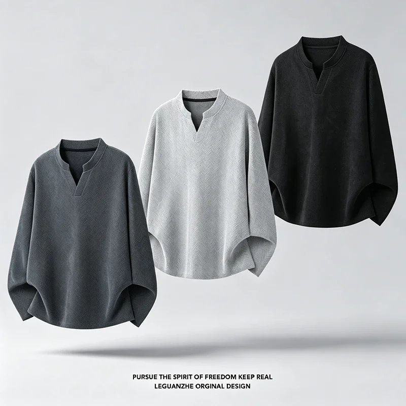 Mens Stand V Neck Herringbone Texture Long Sleeve Tee Solid Color Loose Oversized Fit Soft Casual Pullover