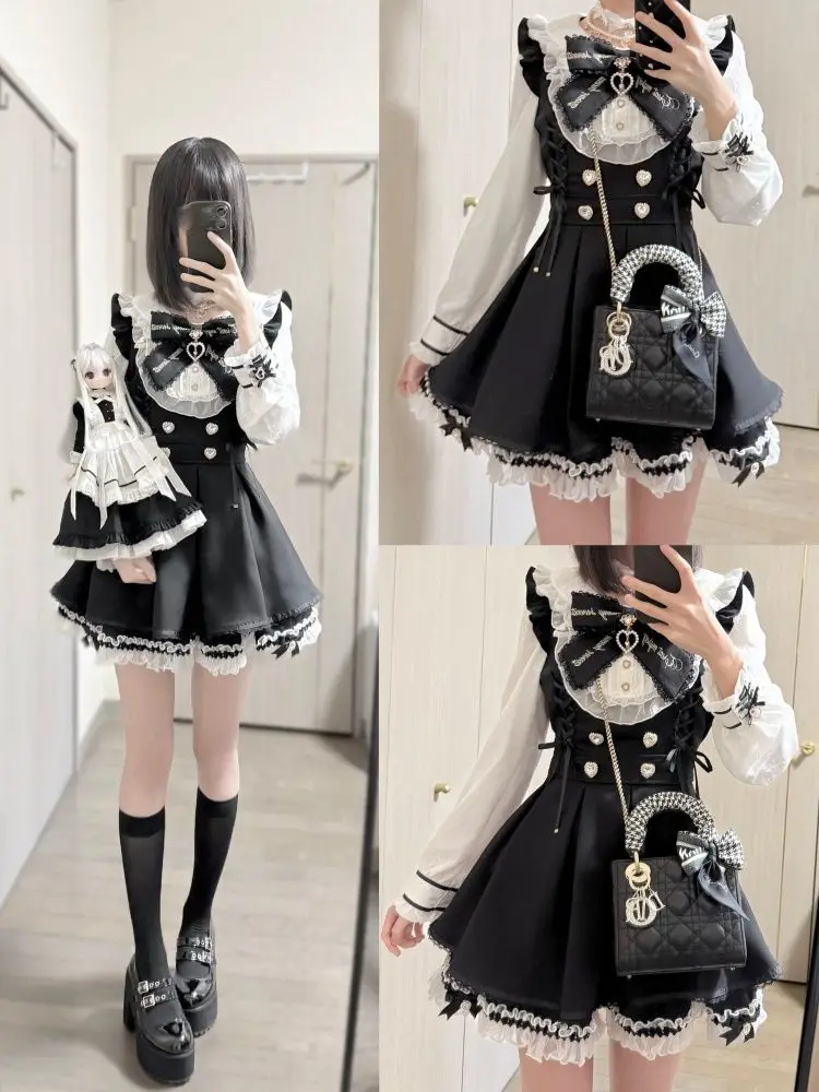 Spring Lolita Vintage Elegant Mini Skirt Suits Woman Lace Design Harajuku 2 Piece Sets Female Bow Korea Style Chic Outfits 2025
