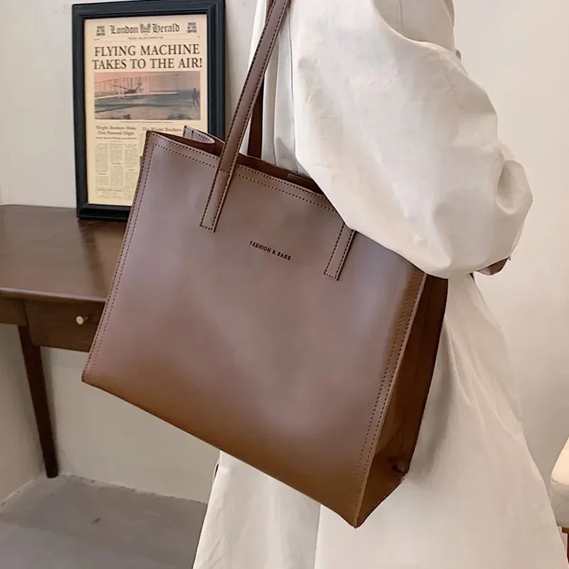 Vintage 3 Layers Large Leather Tote Bags For Women New Trend Design Commuter Work A4 Shoulder Side Bag Office Ladies Handbags