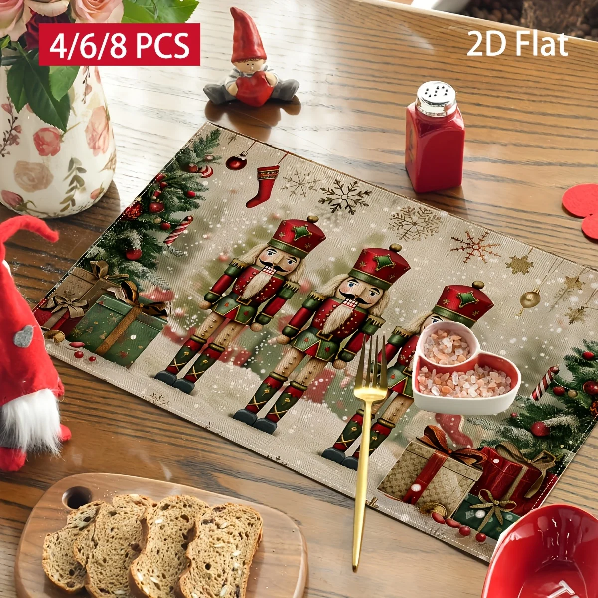 4pcs,Christmas Nutcracker Placemats, Christmas Trees, Gift Boxes and Snowflakes, Retro Winter Holiday Decorative Table Mats