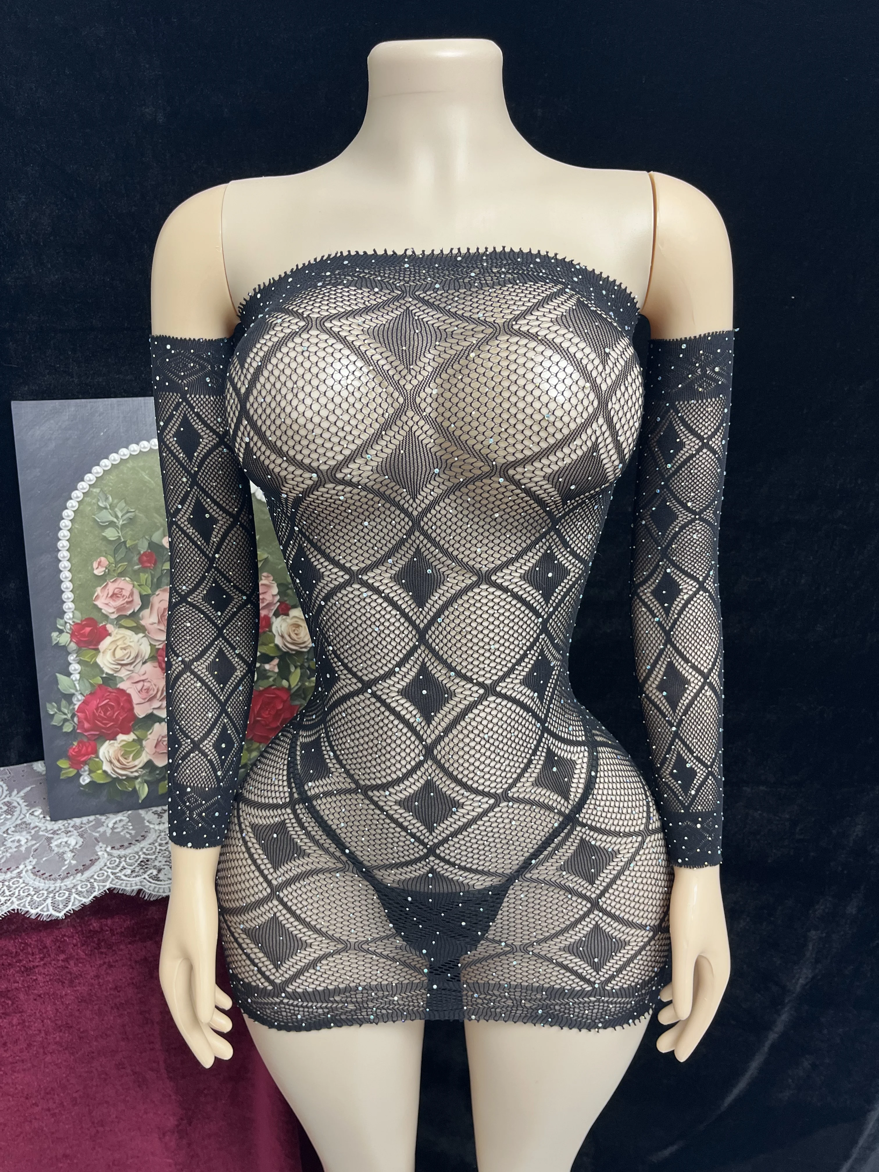 

Эротическое нижнее белье, европейская и американская сетчатая одежда со стразами, сексуальная облегающая юбка, нижнее белье, ажурные чулки для тела