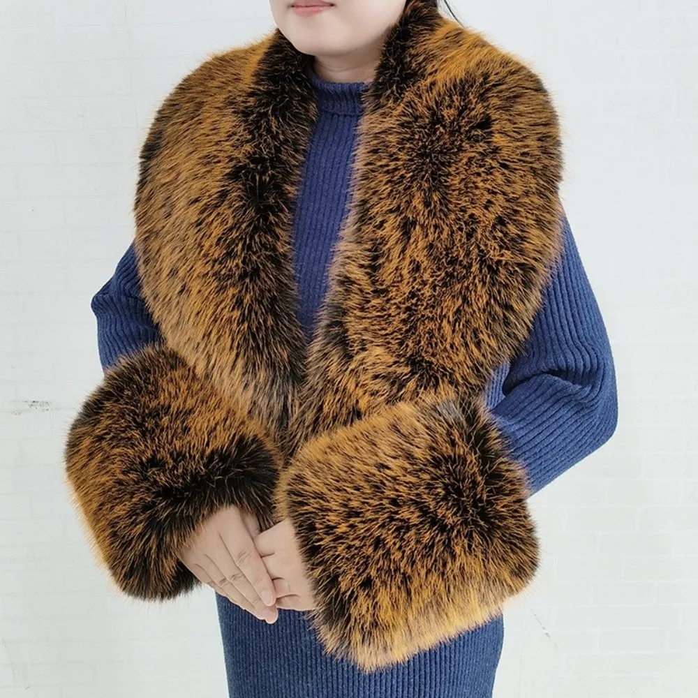 Large Size Faux Fur Collar Set V Shape Oversized Shawl Collar Wrap Detachable Thick Warm Decorative Fur Scarf For Women Winter