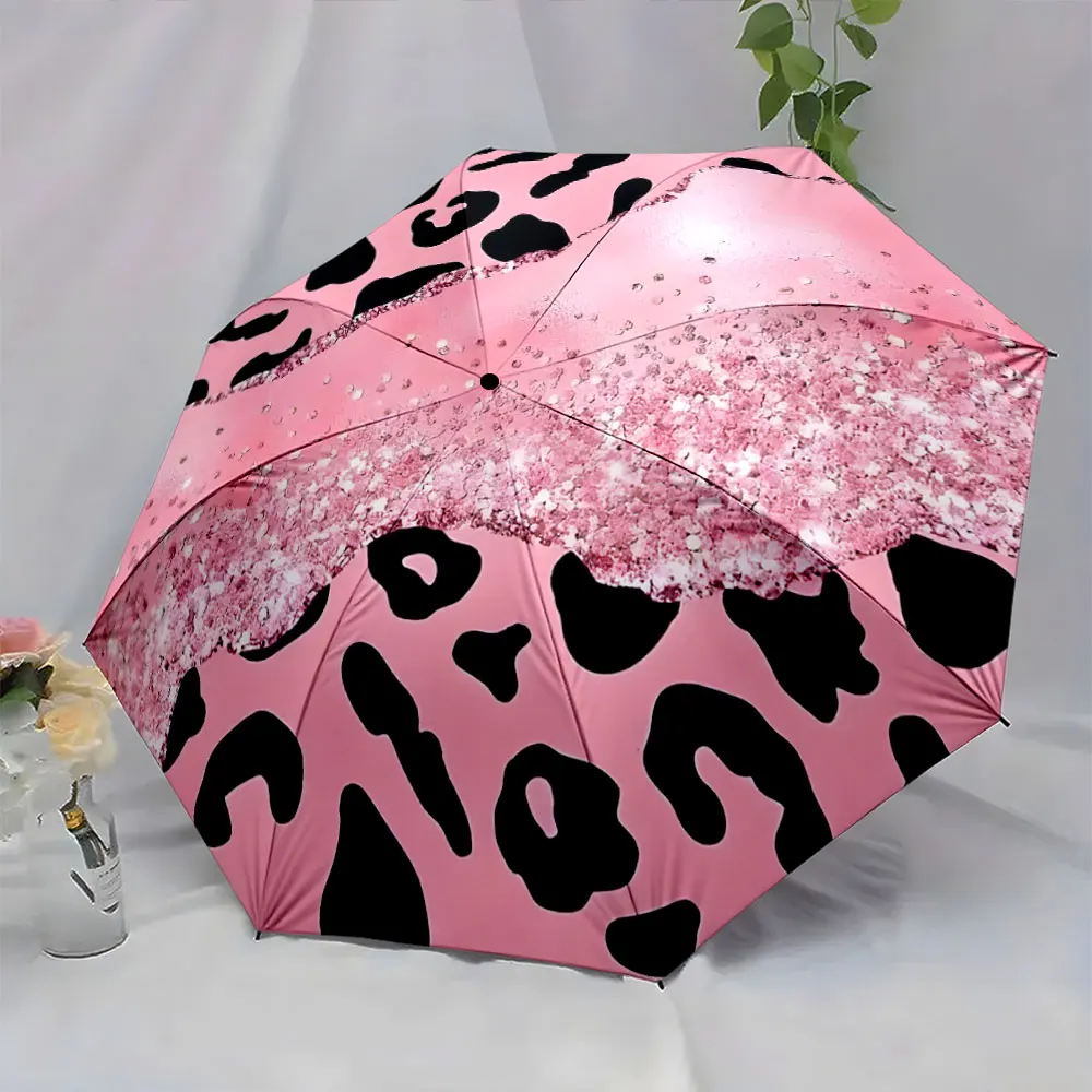 1PC Stylish Pink Umbrella with Leopard and Glitter Design Print 8 Iron Ribs Folding Umbrella Auto-Open Fashion Sunshade