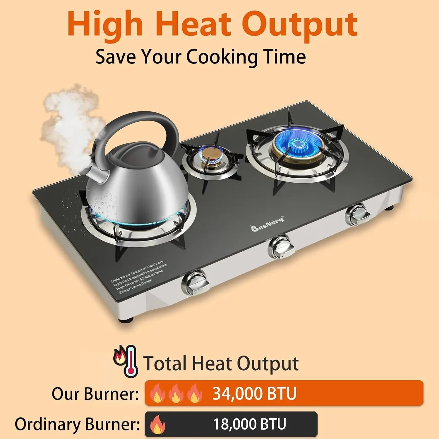 3 Burner Propane Gas Stove with Auto Ignition, 34000 BTU High-Efficiency Heavy-Duty Tempered Glass Cooktop, CSA Regulator