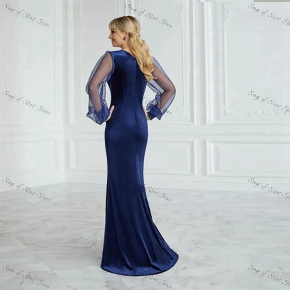 Vestidos de Noche formales de sirena azul oscuro personalizados, satén profundo, mangas largas, cremallera en la espalda, tren de barrido con cuello en V Simple, vestidos de graduación Ves