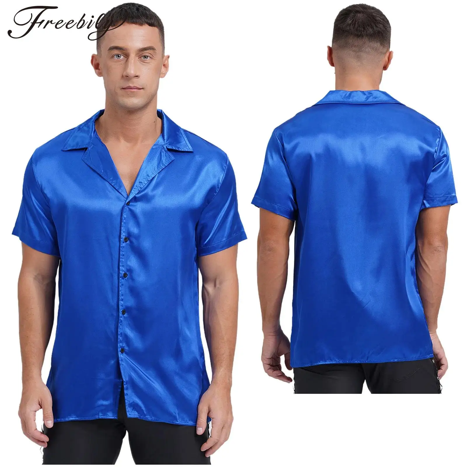 

Luxury Satin Shirts Mens Short Sleeve Button-up Shirt Loose Solid Turn-down Collar Casual Business Social T shirts Men Clothing