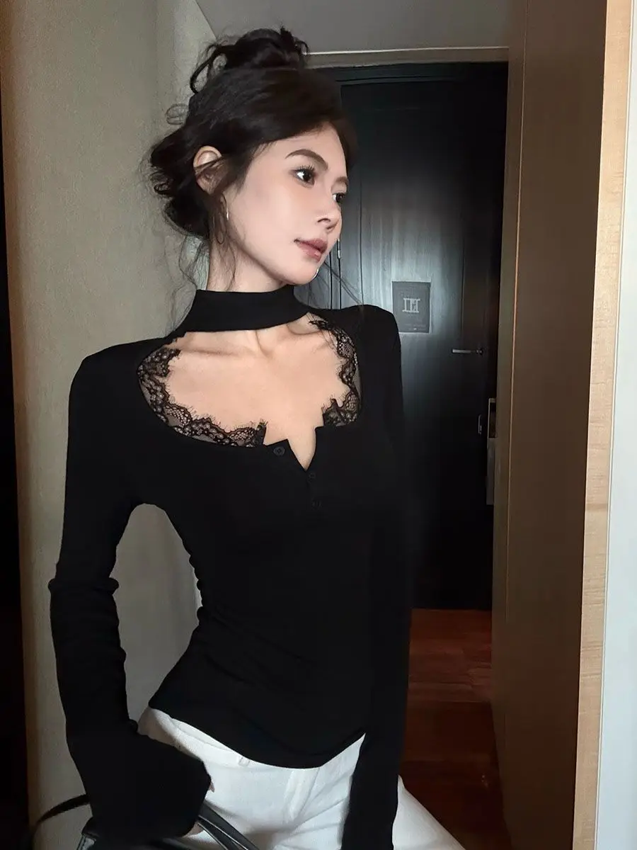 Vintage Lace Patchwork Hollow Out Tops Old Money Y2k Long Sleeve Ballet Core T-shirt Slim Fit Grunge Tshirt Aesthetic Tops Black