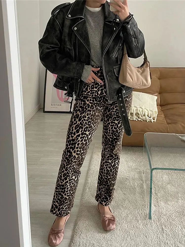 TRAFZA 2024 Woman Leopard Print Trouser High Waist Loose Zipper Fly Female Long Pants Vintage Streetwear Women\'s Wide Leg Pant