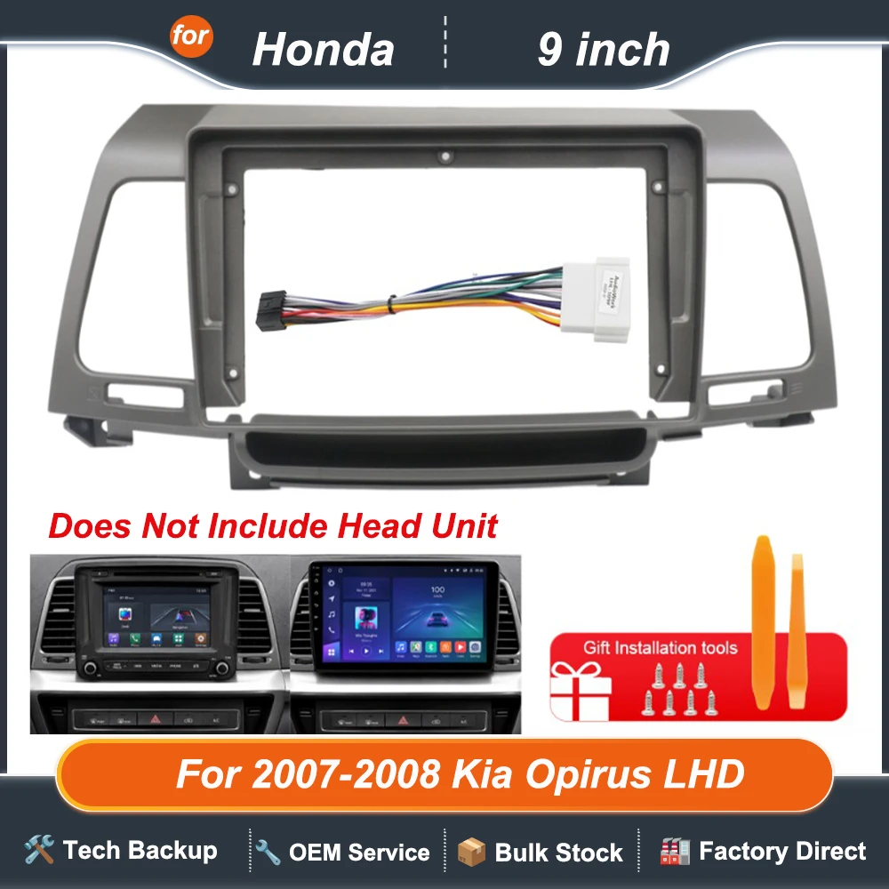 For Kia Opirus 2007-2008 LHD 9 Inch Radio Fascia Dashboard Trim Panel with Frame and Wiring Harness Options