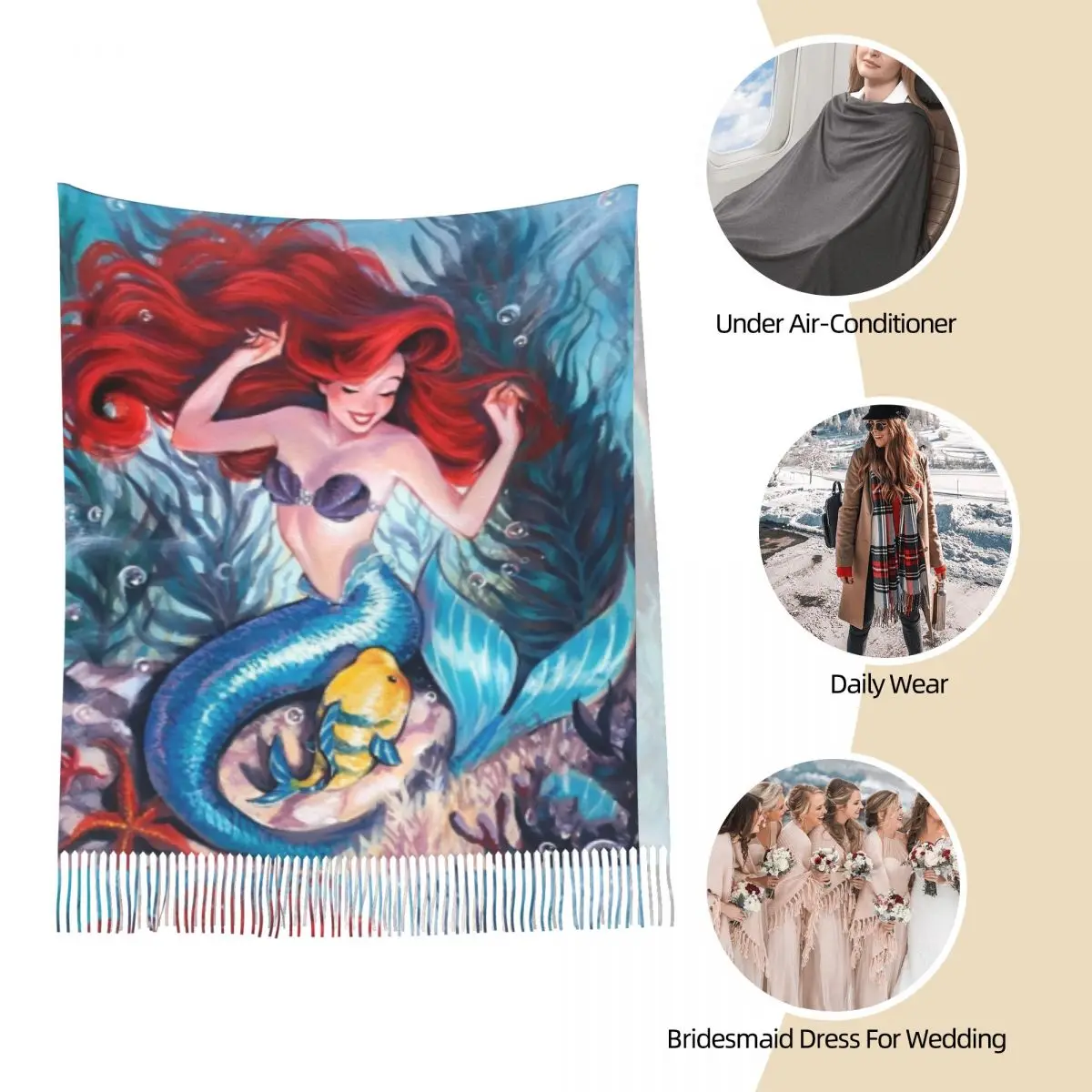 Little Mermaid การ์ตูนผ้าพันคอยาวพู่อุ่น Shawl Wrap ผู้หญิงออกแบบผ้าพันคอฤดูหนาวแฟชั่น Foulard