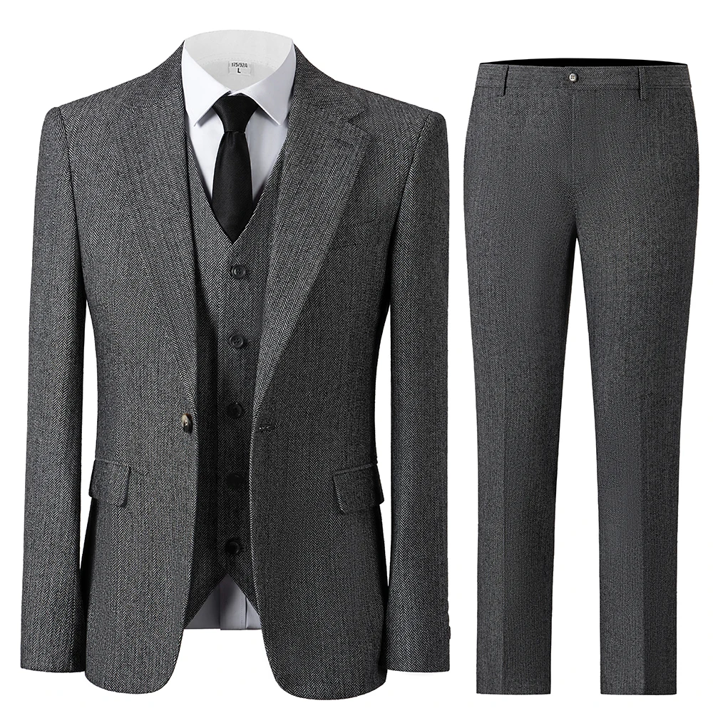 

Mens Tweed Herringbone Wedding Suit Prom Tuxedos 3 Piece Peak Lapel Slim Fit Men's Suits（Blazer+Vest+Pants）