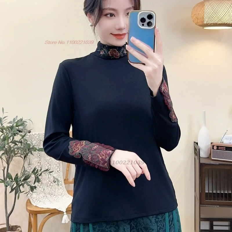 

2024 national flower embroidery stand collar ethnic shirt vintage base shirt traditional folk t-shirt oriental hanfu tops shirt