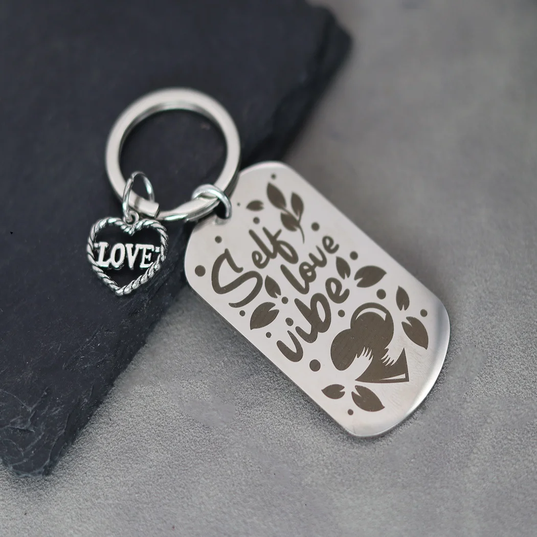 Keychain Romantic Hug Love Heart Scrawl Self love vibe Letter LOVE Heart Pendant Stainless Steel Key Ring for Women Men Gifts