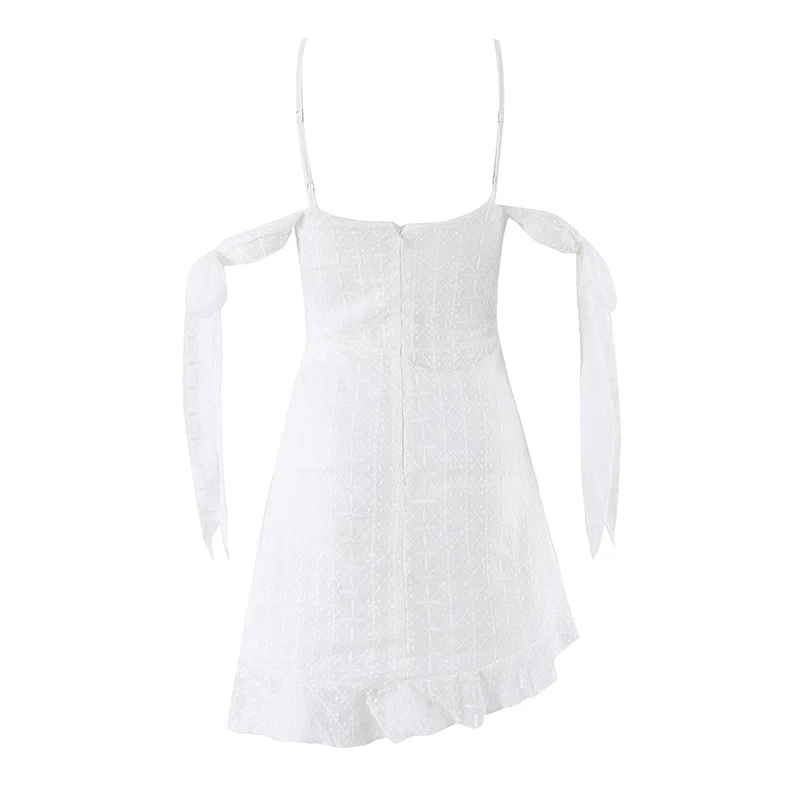YENKYE Romantic Women's White Mini Dress Spaghetti Strap Cold Shoulder With Bow Ties Summer Sexy Robe