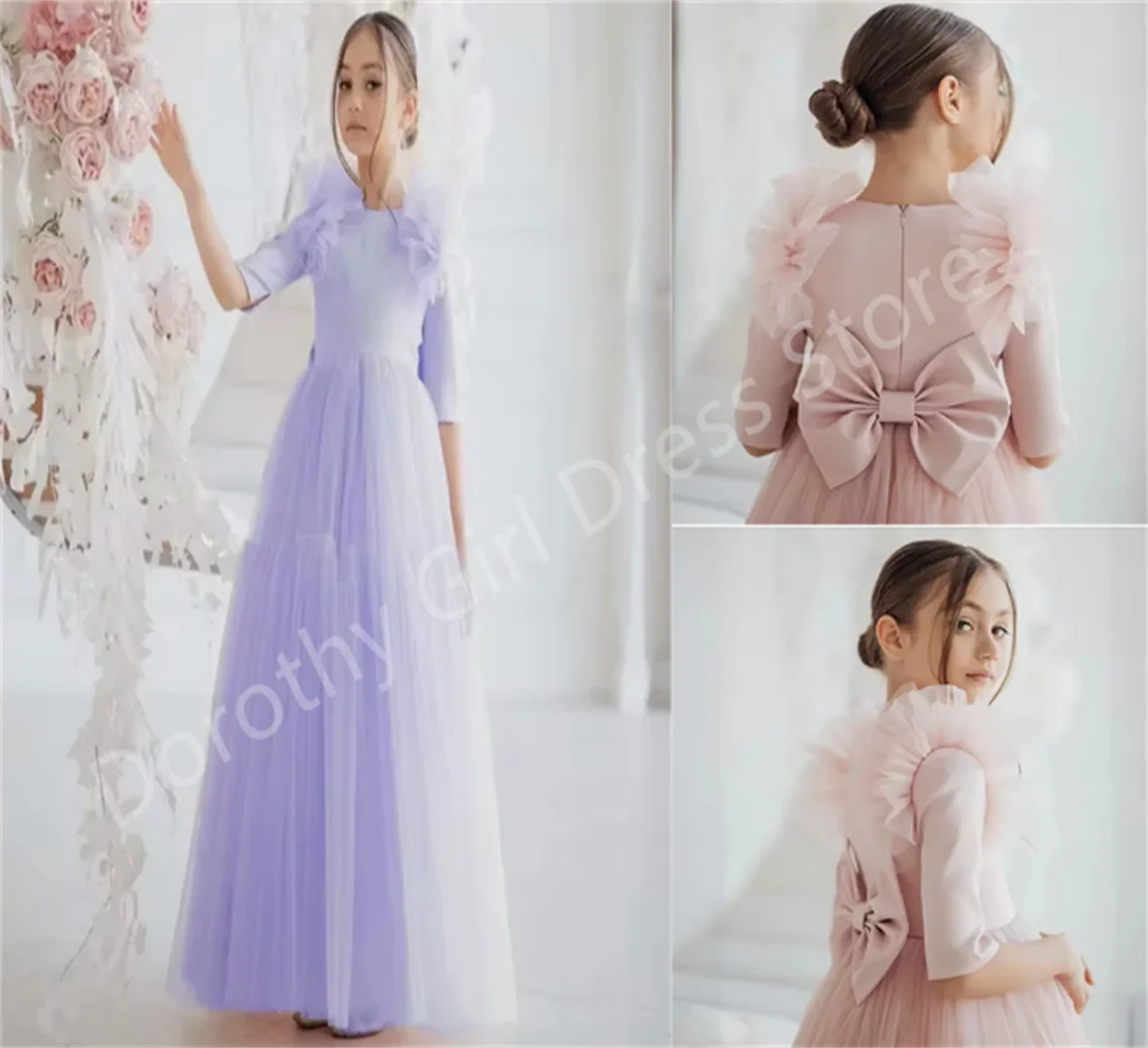 

Beautiful Wedding Flower Girl Dresses Tulle With Bow Half Sleeve For Child Birthday Party Beauty Pageant Piano Performance Gowns