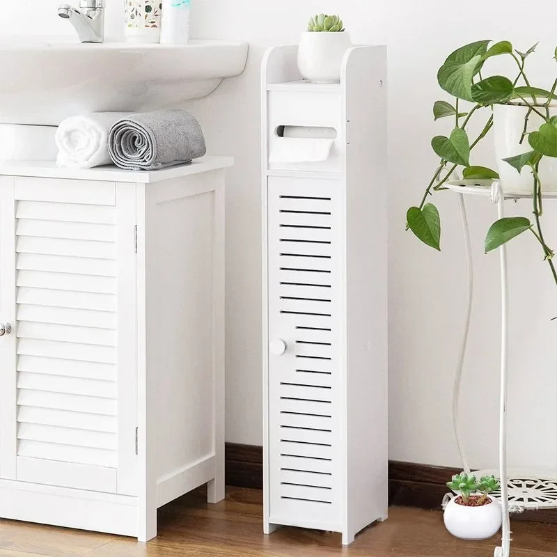 Small Bathroom Corner Floor Cabinet Toilet Vanity Cabinet Narrow Bath Sink Organizer Towel Storage Shelf for Paper Holder