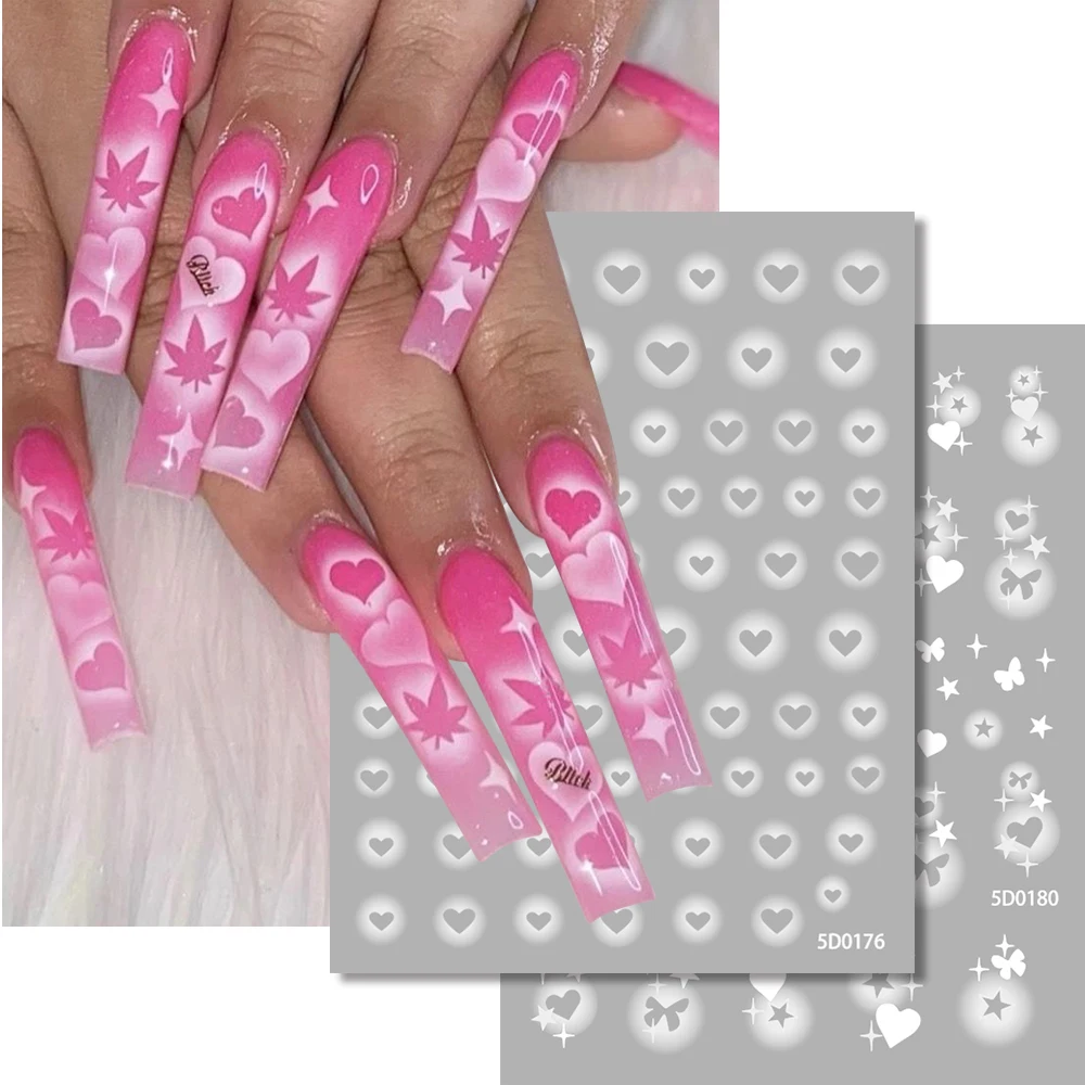 1pc 5D Translucent Star Hollow Love Airbrush Nail Art Stickers White Heart Star Butterfly Nail Decals French Nail Slider Supplie