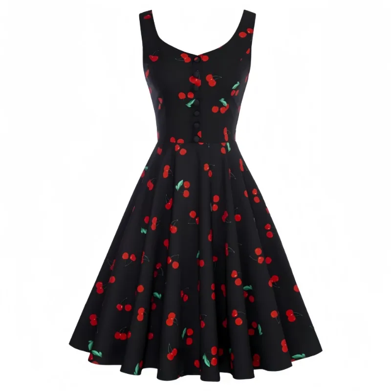 Sem mangas cinta de espaguete floral impressão vestido de verão feminino elegante vintage 50s vestidos de festa trajes cosplay