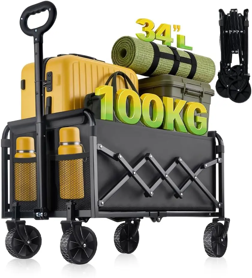 

100KG Collapsible Foldable Wagon Carts - Heavy Duty Portable Folding Utility Wagons with All-Terrain Wheels for Grocery Sport