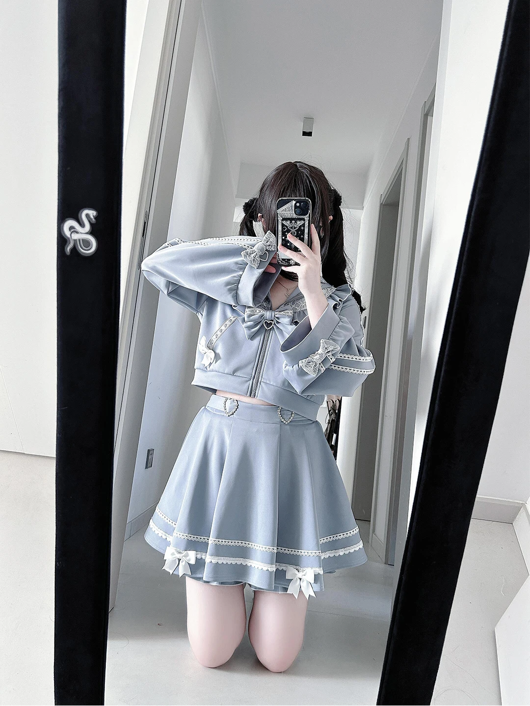 Blue Gothic Style Short Coat And  Bow Half Skirt Set Sweet Cute Sweatshirt Lace Two Piece Set Women's Fashion Ensemble