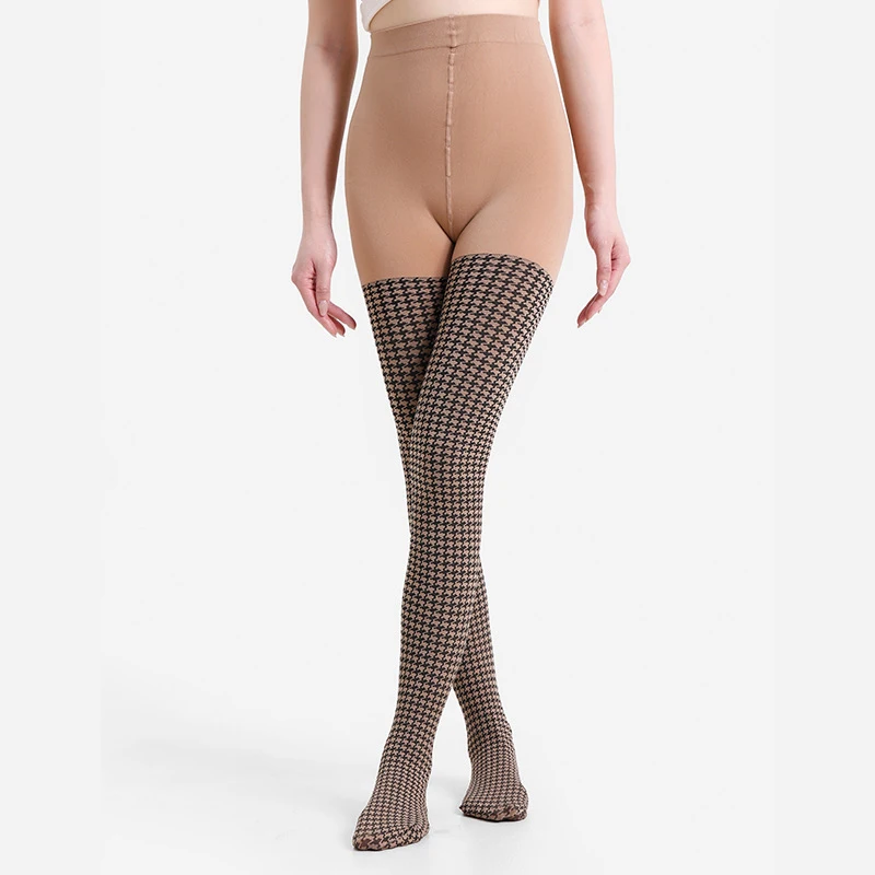 Women‘s Houndstooth Tights Patterned Pantyhose Sheer Slim Sexy Stay-Up No-Slip Waistband Plus Size Hosiery Fashion Leggings
