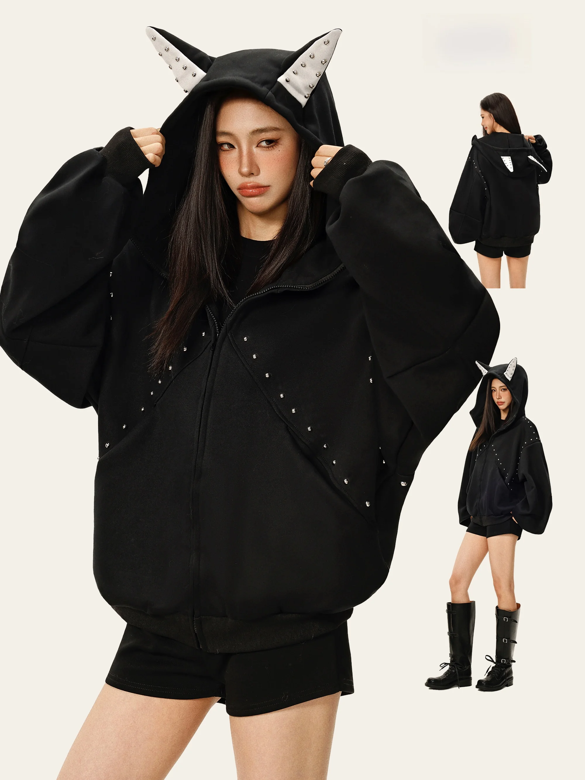 

LmziHei American Sle Bla Hoodie Jaet Women's Autumn Winter Rivet Doberman Ears Open Cardigan Top Loose Fit Long Sve