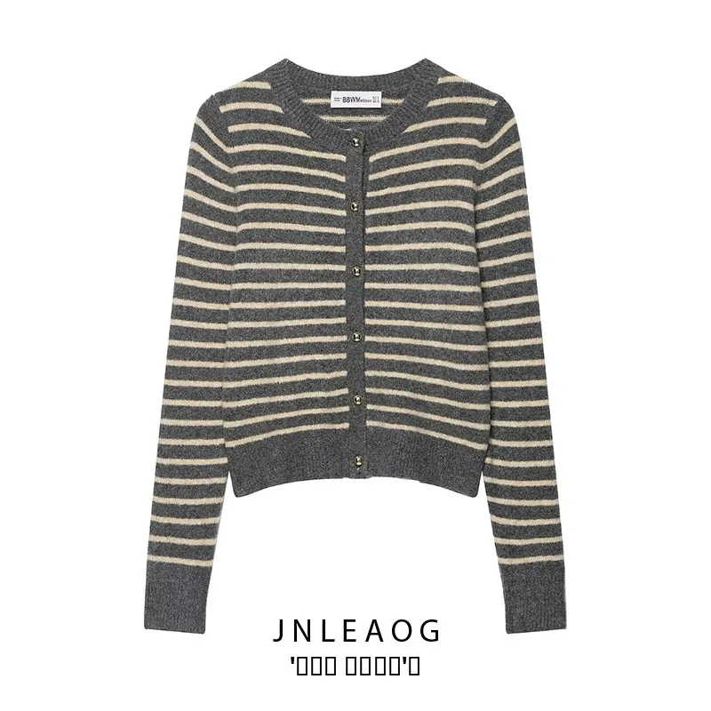 

Faionable Striped Knitted Jaet Women's Autumn New Sle Versatile Sli Polyester Fiber Long Sve Open Cardigan