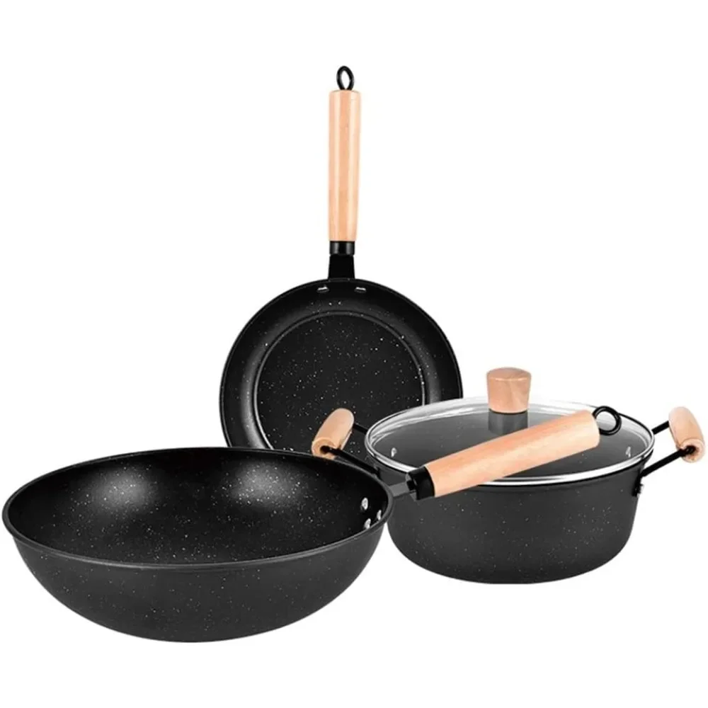 

3PCS Cookware Set Wok Frying Pan Saucepan with Lid Pots Pans Set Maifan Stone Nonstick Egg Pan Cooking Tools