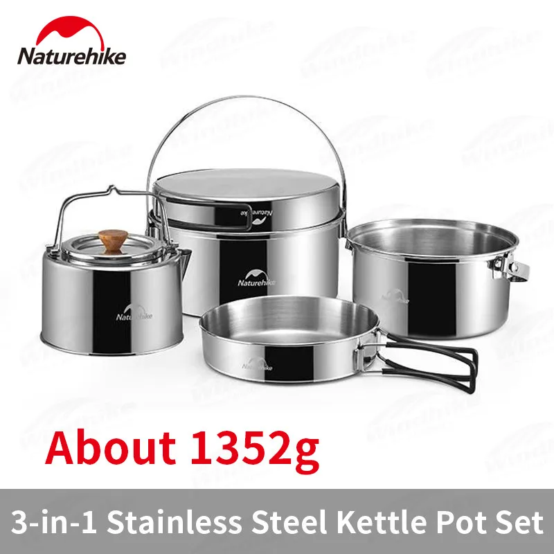 

Naturehike Camping Cookware Portable Pan Pot Kettle Set 3-In-1 Stainless Steel Cooking Kit Frying Stewing 4pcs Ultralight 1.3kg