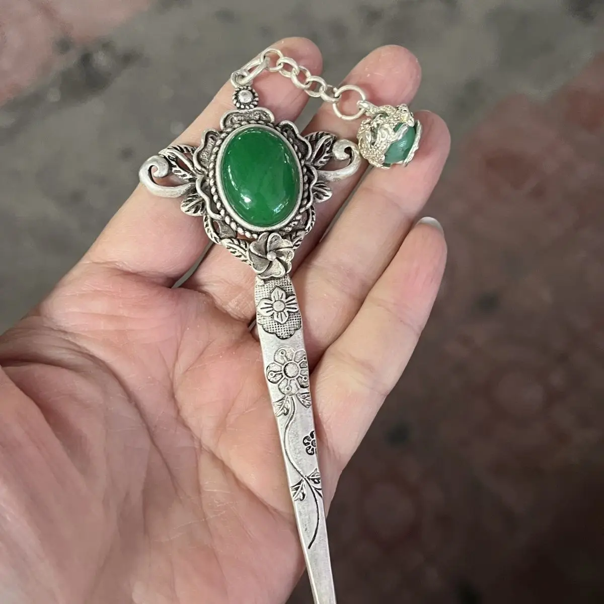 Vintage Chinese Auspicious Miao Silver Hair Stick With Pendant Ethnic Style Hairpin For Hanfu Updo Hair Jewelry Traditional Bles