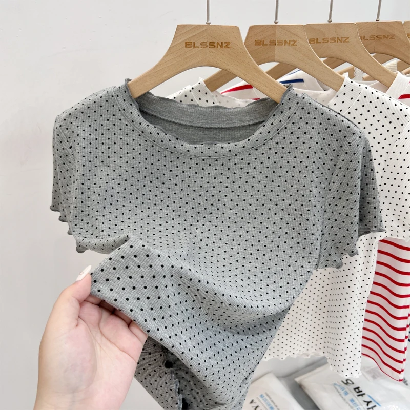 

Zjaiss Summer Basic Crop Top Polka Dots Women's T-shirts Short Sleeve O-Neck Casual Tee For Women Sweet Knitted Women Tops