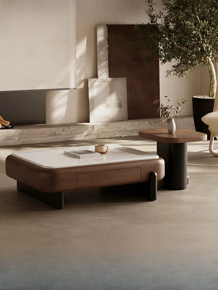 

PYH medieval style square coffee table minimalist light luxury marble microcrystalline stone small apartment wabi