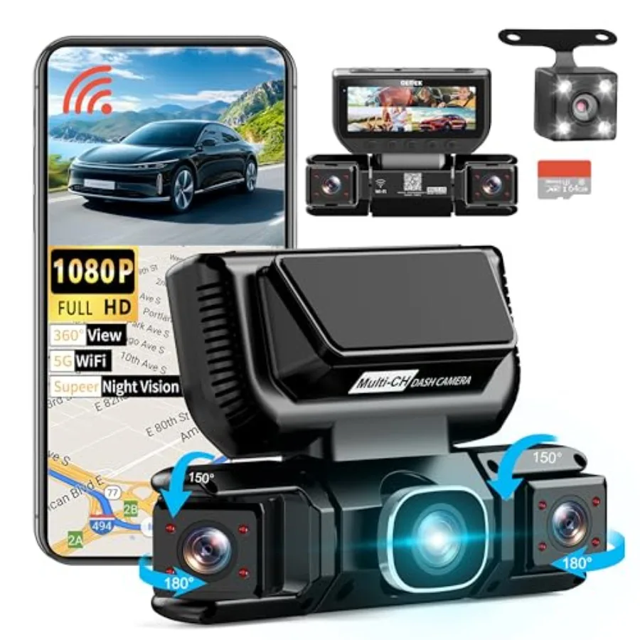 

Car dash cam for 360-degree view, ABS plastic, black, 2K front/rear recording with 5G WiFi, APP control, night vision, G-sensor