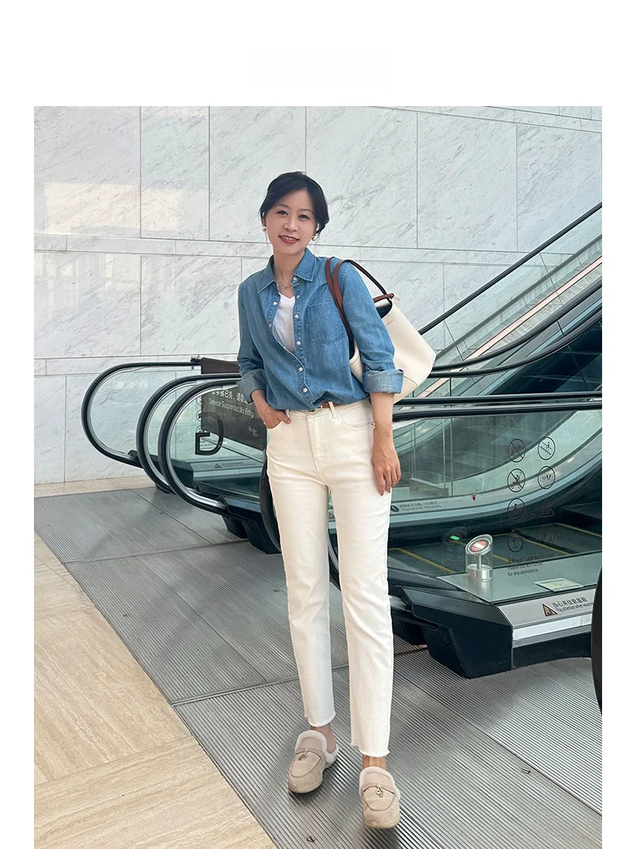 

Французская джинсовая куртка-рубашка для женщин, весна-осень, повседневная, удобная, дышащая, с длинным рукавом, из смесового хлопка