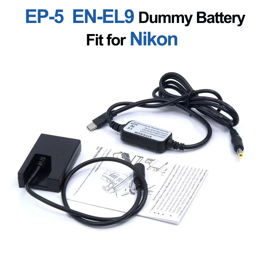 EN-EL9 ENEL9 Dummy Battery EP-5 DC Coupler USB C to DC Cable Fit for Nikon D40 D40X D60 D3000 D5000 Camera