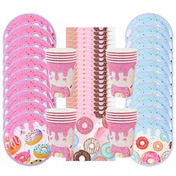 Donut Party Disposable Tableware Set Paper Plate Cup Tablecloth Kids Girls 1st Birthday Party Decoration Supplies Baby Shower