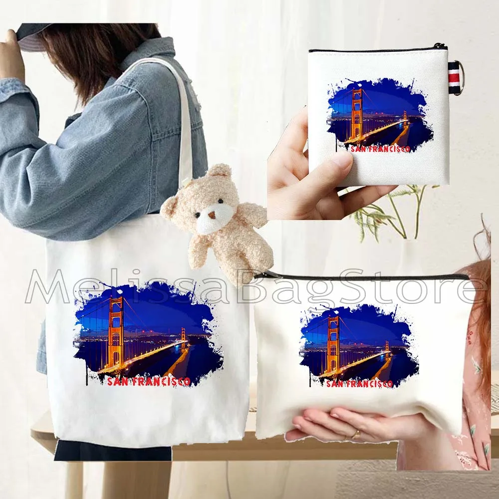 4PCS Gifts Set San Francisco White Canvas Tote Bag Handbag with Doll Key Coin Purse Cosmetic Makeup Toilet Bag Case Pouch
