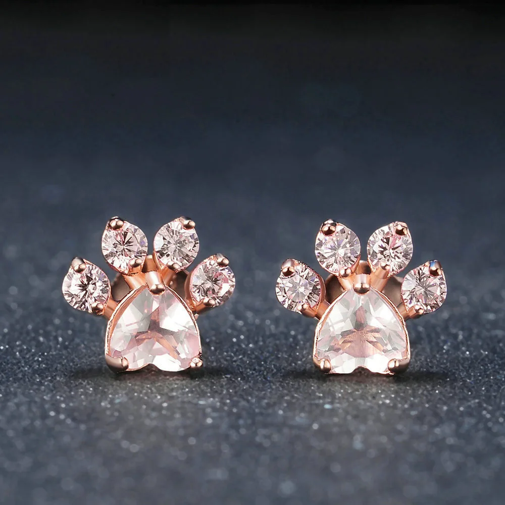 Серьги Женские Creative Footprint Pink Crystal Stud Earrings For Woman Wedding Jewelry Gift Cute Small Cat Claw Earrings