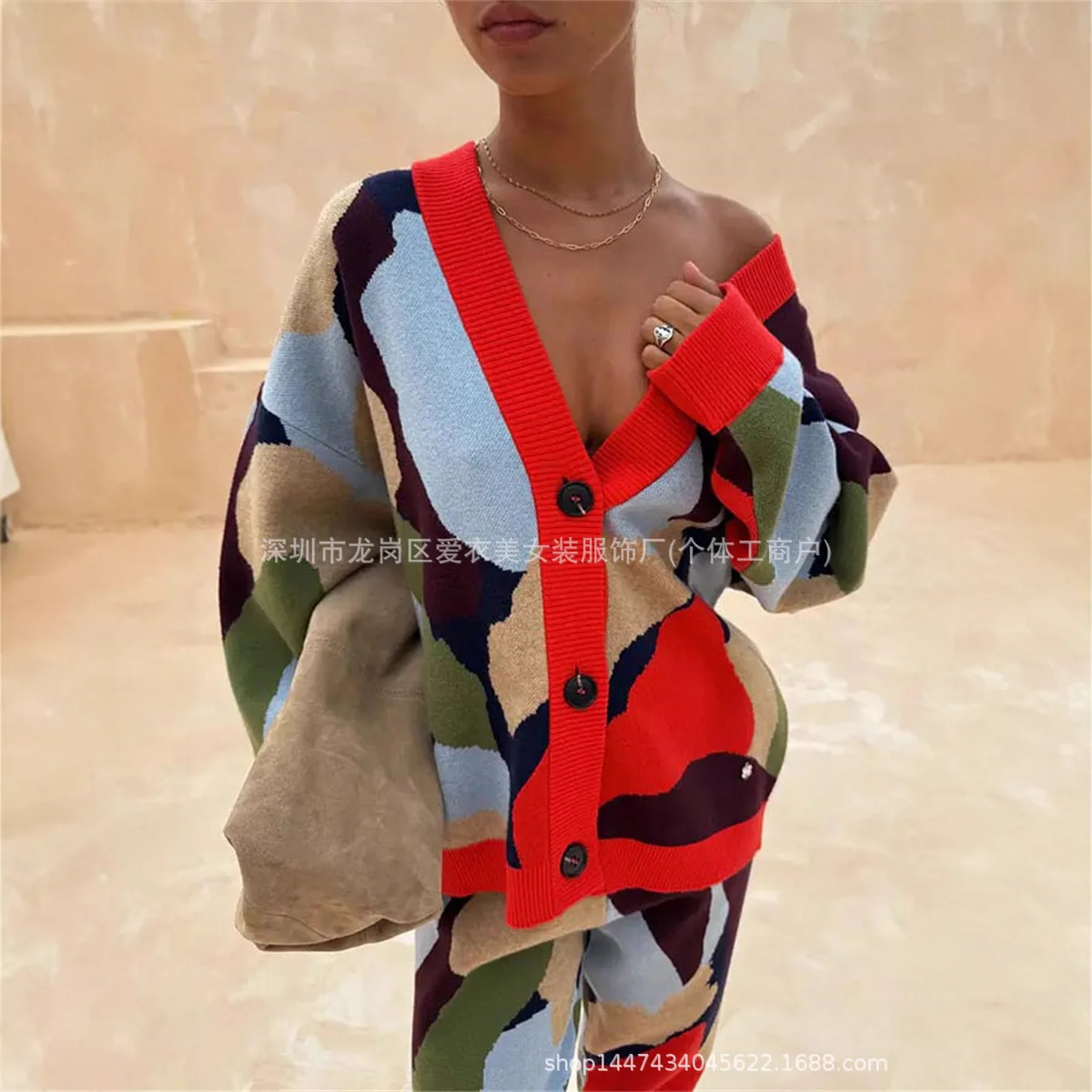 2025 Otoño Invierno nuevo bloque de Color Jacquard suelto cuello en V cárdigan de manga larga mujeres multicolor opcional moda versátil Top