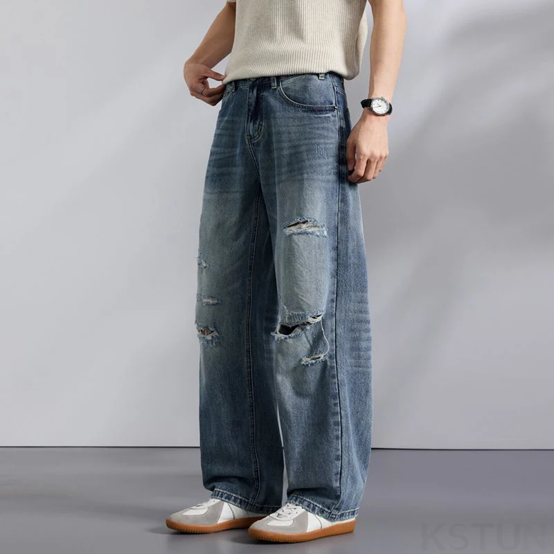KSTUN 2026 Summer Distressed Jeans For Men Wide-leg Ripped Baggy Pants Loose Straight Vintage Streetwear Hip Hop Motocycle Jeans