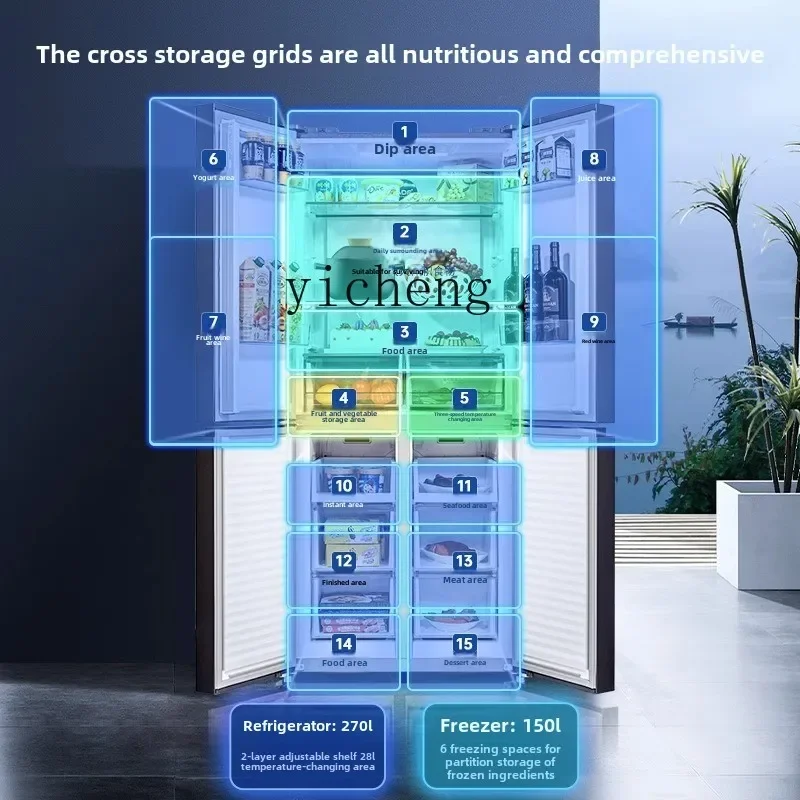 Refrigerador delgado y de ahorro de energía de primera clase, conversión de frecuencia sin heladas, refrigerado por aire, puerta opuesta cruzada de cuatro puertas XL 420L