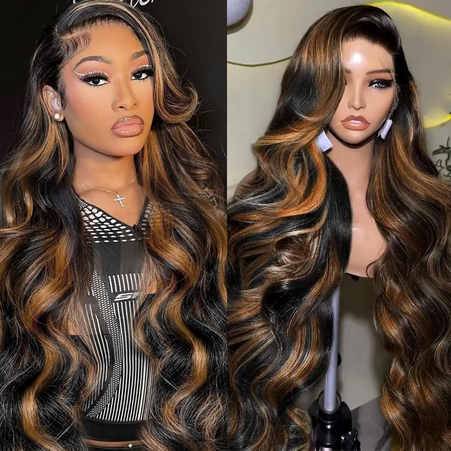 

Highlight Ombre Lace Front Wig Human Hair Body Wave Lace Front Wigs Pre Plucked 13x4 1B/30 Brown Highlight Wig Colored Balayage