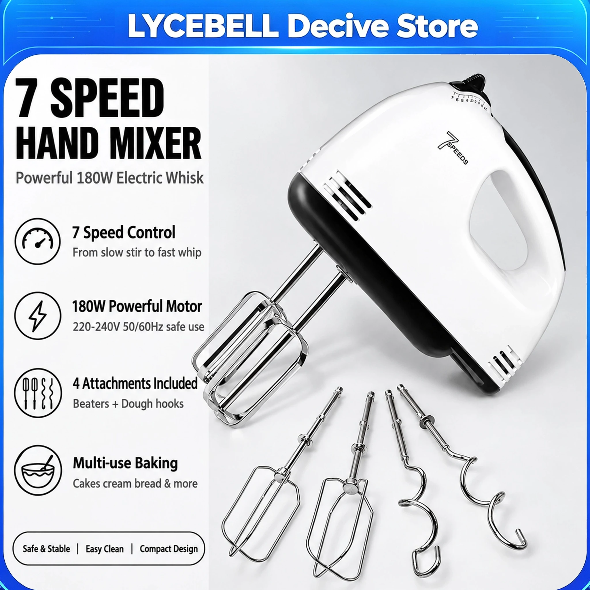 Handheld Electric Egg Beater 7-Speed Mini Automatic Mixer for Egg White And Cream with EU/US Plug Household Kitchen Tool