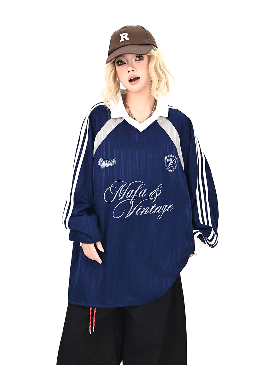 

Blue Striped V-Ne Long Sve T-irt Women's Loose BF American Trendy Brand Couple's Top Street Sle Autumn New Arrival