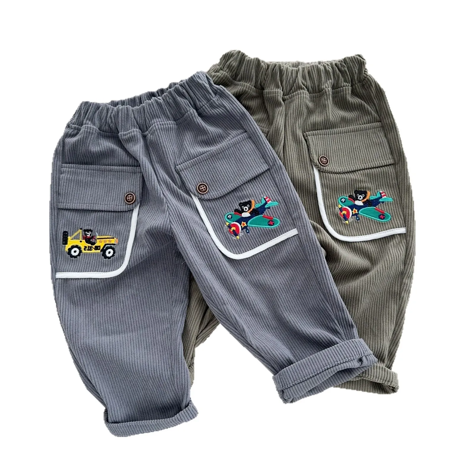 

2025 Autumn New Japanese Boys' Casual Pants Soft and Comfortable Cartoon Embroidered Baby Pilot Velvet Long Pants