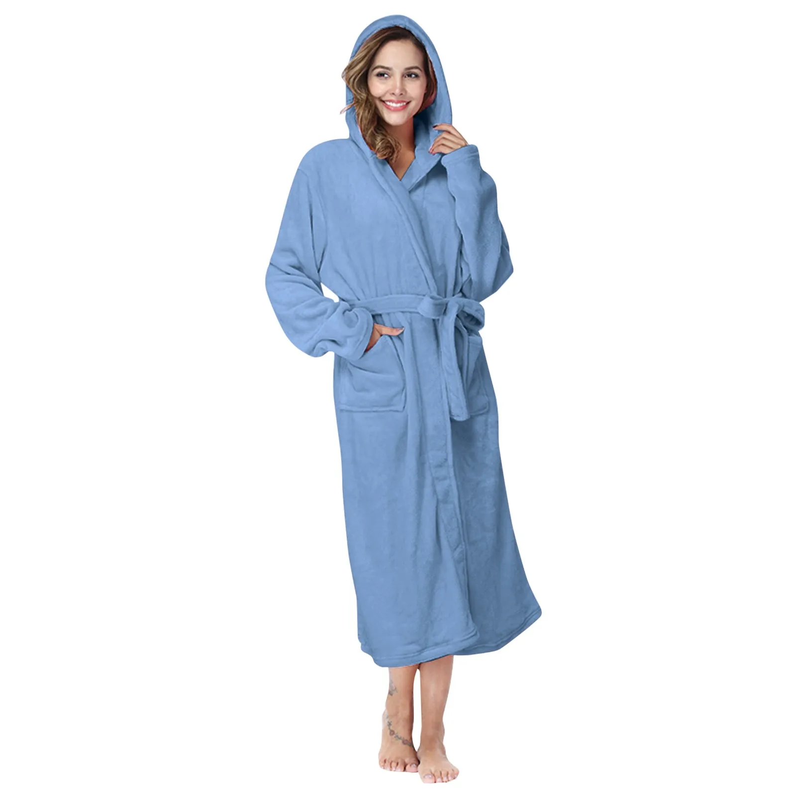 New Autumn Solid Hooded Robe Bathrobe Women Winter Warm Plush Lightweight Soft Nightgown Robes Female Casual Home Dressing Gowns