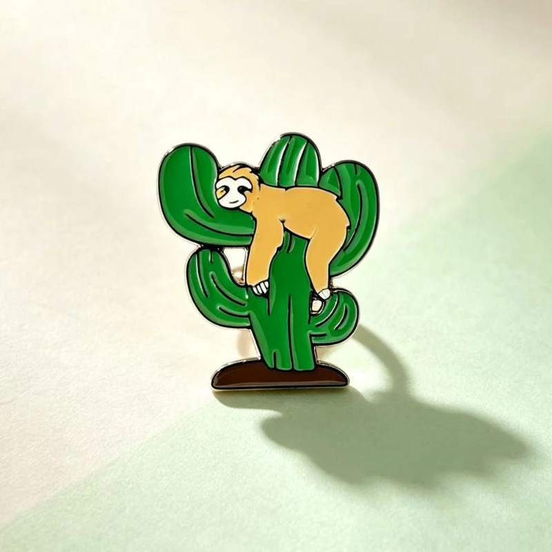 New Cartoon Cactus Sloth Design Brooch Casual Alloy Enamel Animal Badges Creative Gift Pins DIY Clothing Bags Hat T-shirt Decor